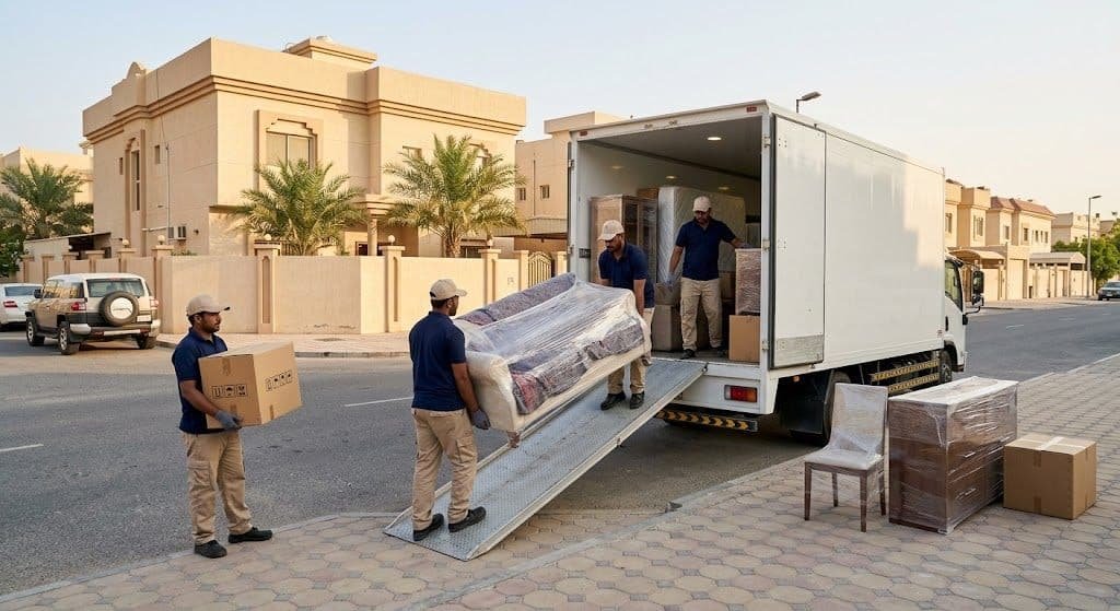 فريق عمل محترف يقوم بأعمال فك وتغليف ونقل العفش بدقة وأمان باستخدام أحدث المعدات وسيارات النقل ضمن خدمات نقل عفش القرين الكويت لضمان المحافظة على سلامة المنقولات وراحة العملاء.