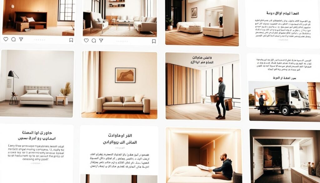 Detailed interior of an Instagram feed filled with imagery showcasing the services of "شركة الناقل الذهبي", a premium furniture moving company in Kuwait. The feed displays a sleek, clean aesthetic with a mix of product shots, customer testimonials, and behind-the-scenes footage of the company's moving operations. Warm lighting and natural tones create a visually appealing and trustworthy brand identity. The layout features a balanced grid of square posts, each drawing the viewer's attention to the company's reliability, efficiency, and customer-centric approach. The overall impression conveys a digitally savvy, professional moving service catering to the needs of Kuwait's discerning clientele.