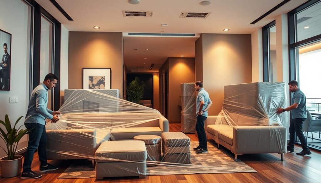 عمال شركة نقل أثاث يقومون بتحميل الأثاث في سيارة كبيرة