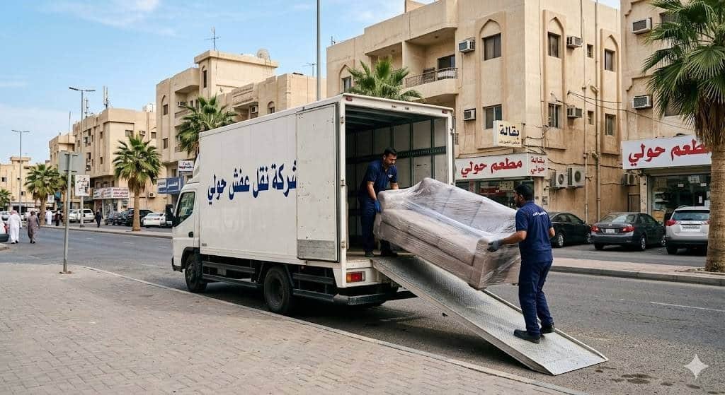 عمال نقل محترفون يقومون بتغليف وتحميل العفش بعناية فائقة في منطقة حولي بالكويت باستخدام شاحنات مجهزة