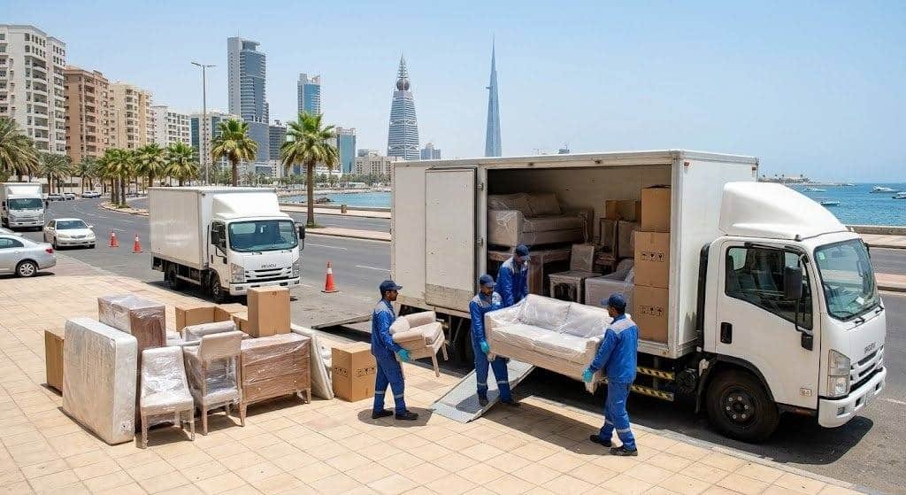 فريق عمل محترف يقوم بتغليف ونقل الأثاث بعناية فائقة ضمن خدمات نقل عفش الأحمدي بالكويت لضمان حماية الممتلكات ووصولها بأمان تام وبدون أي خدوش.