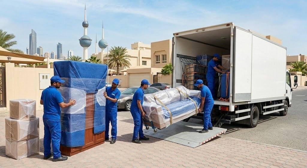 فريق عمل محترف يقوم بتغليف ونقل الأثاث بعناية فائقة ضمن خدمات نقل عفش المنقف بالكويت لضمان حماية الممتلكات ووصولها بأمان تام وبدون أي خدوش.