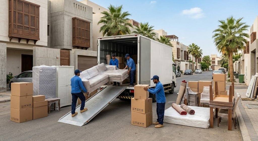 فريق عمل محترف يقوم بتغليف ونقل الأثاث بعناية فائقة ضمن خدمات نقل عفش الواحة بالكويت لضمان حماية الممتلكات ووصولها بأمان تام وبدون أي خدوش.