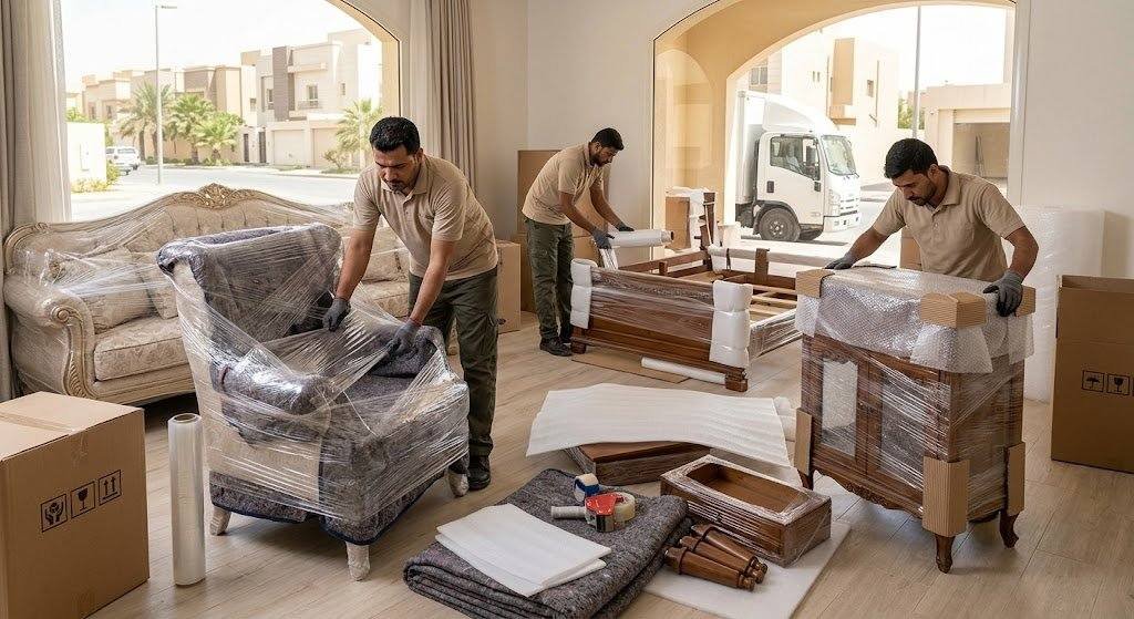 فريق عمل محترف يقوم بتغليف ونقل الأثاث بعناية فائقة ضمن خدمات نقل عفش مشرف بالكويت لضمان حماية الممتلكات ووصولها بأمان تام وبدون أي خدوش.