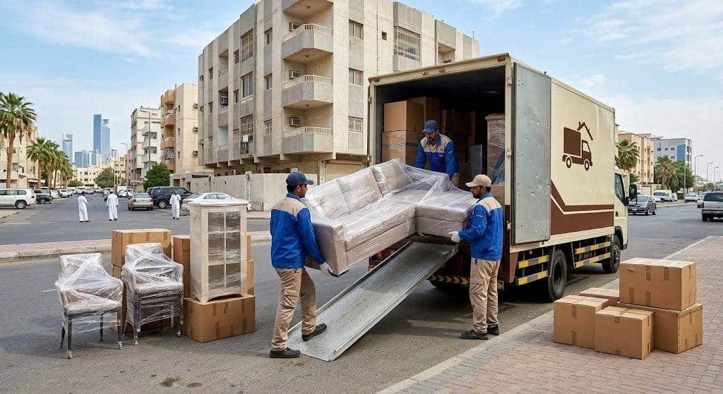 فريق عمل محترف يقوم بفك وتغليف ونقل الأثاث بعناية ضمن خدمات نقل عفش سلوى بالكويت لضمان الحفاظ على الممتلكات وتوفير تجربة مريحة وآمنة.