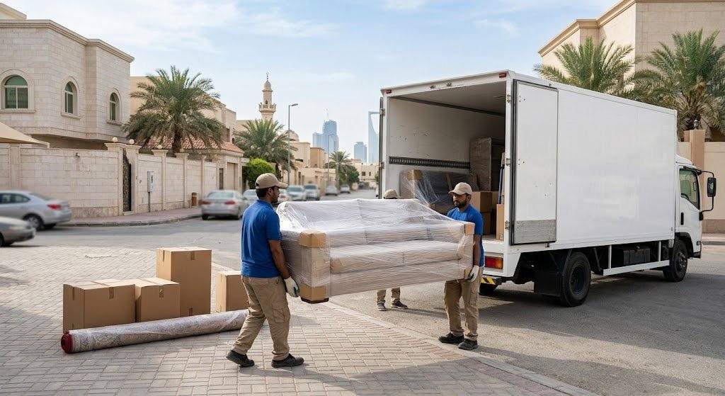 فريق عمل محترف يقوم بفك وتغليف ونقل الأثاث بأمان وعناية ضمن خدمات نقل عفش أبو فطيرة بالكويت لضمان راحة وسلامة ممتلكات العملاء.