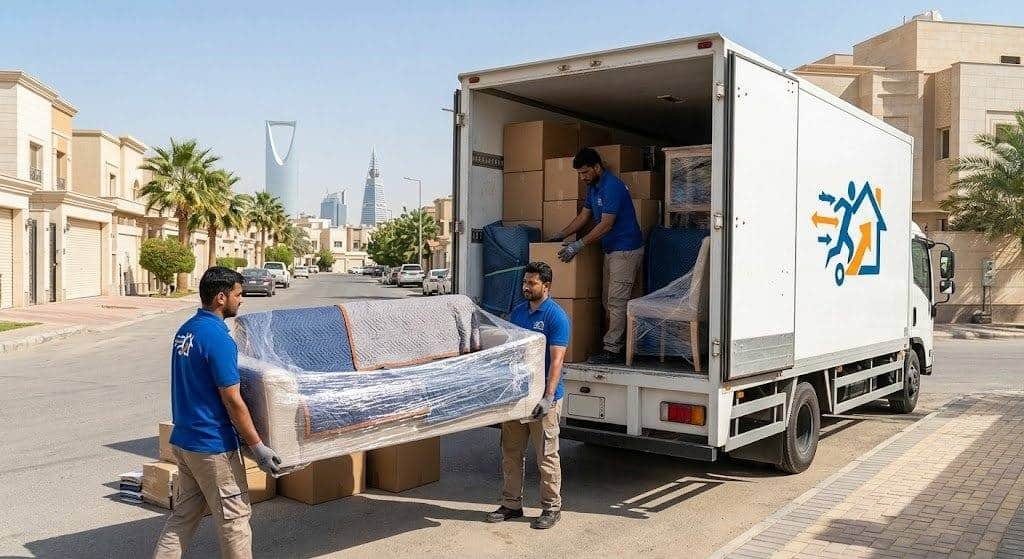 فريق عمل محترف يقوم بفك وتغليف ونقل الأثاث بأمان وعناية ضمن خدمات نقل عفش الدعية بالكويت لضمان راحة وسلامة ممتلكات العملاء.
