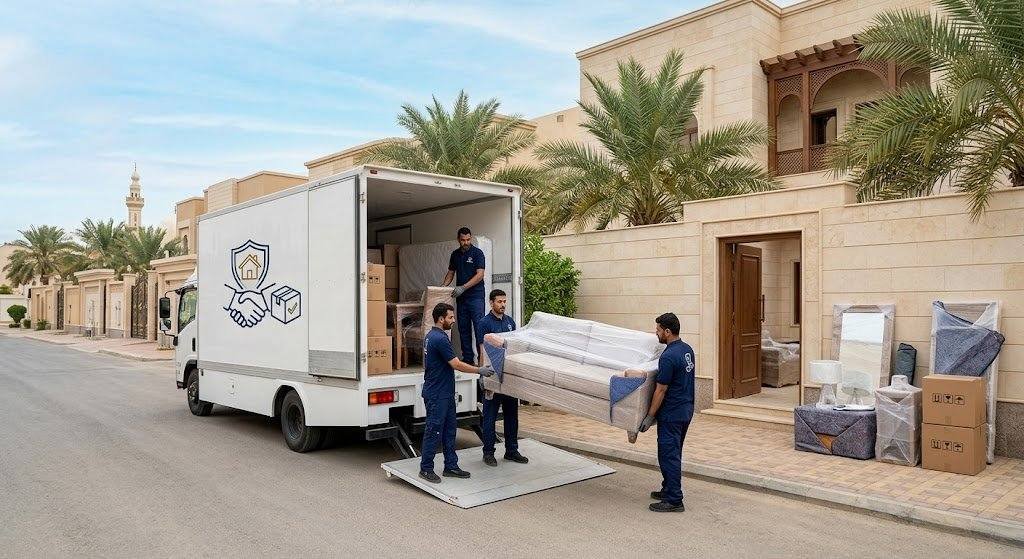 فريق عمل محترف يقوم بأعمال فك وتغليف ونقل العفش بدقة وأمان باستخدام أحدث سيارات النقل والمواد المخصصة ضمن خدمات نقل عفش الخالدية بالكويت لضمان سلامة المنقولات وراحة العملاء.