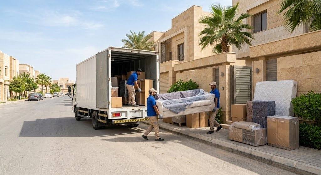 فريق عمل محترف يقوم بفك وتغليف ونقل العفش والأثاث بدقة وأمان باستخدام أحدث سيارات النقل والمواد التغليفية ضمن خدمات نقل عفش العديلية بالكويت لضمان سلامة الممتلكات وراحة العملاء.