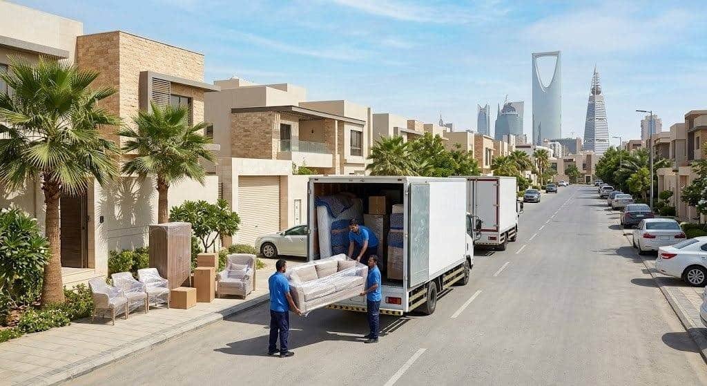 فريق عمل محترف يقوم بأعمال فك وتغليف ونقل العفش والأثاث بدقة وأمان باستخدام أحدث المعدات وسيارات النقل المجهزة ضمن خدمات نقل عفش الوفرة بالكويت لضمان المحافظة على المنقولات وراحة العملاء.