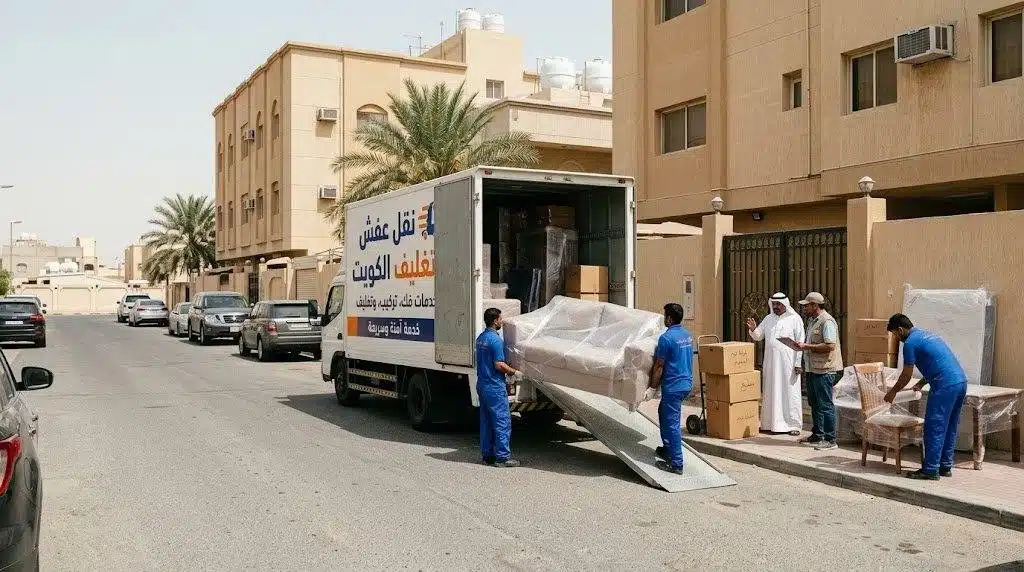 فريق نقل العفش أثناء التحميل المنظّم للشاحنة في الكويت
